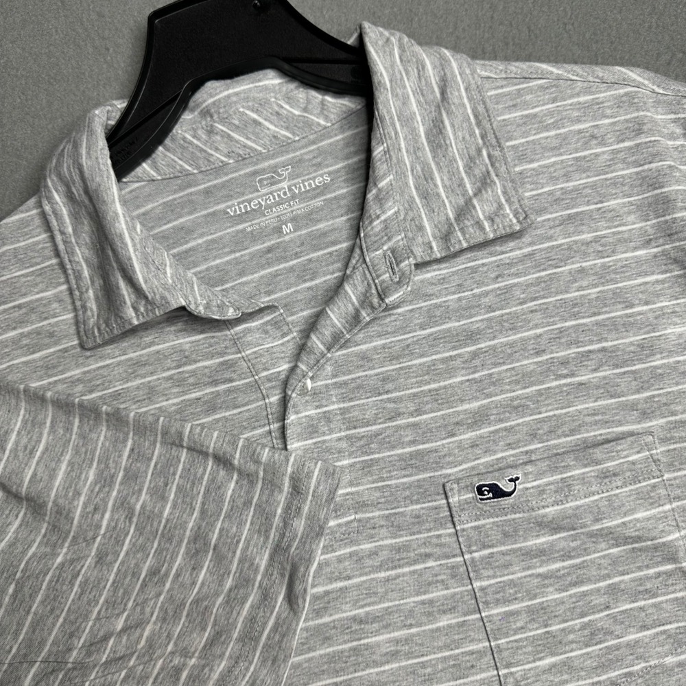 Vineyard Vines Mens Classic‎ Fit Gray White Stripe Pocket Polo Shirt Size M